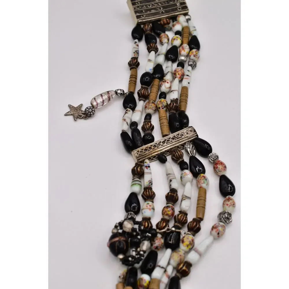 Vintage Multi-Strand Black White Glass Beaded Charm Belt 37” Boho Artisan Coast
